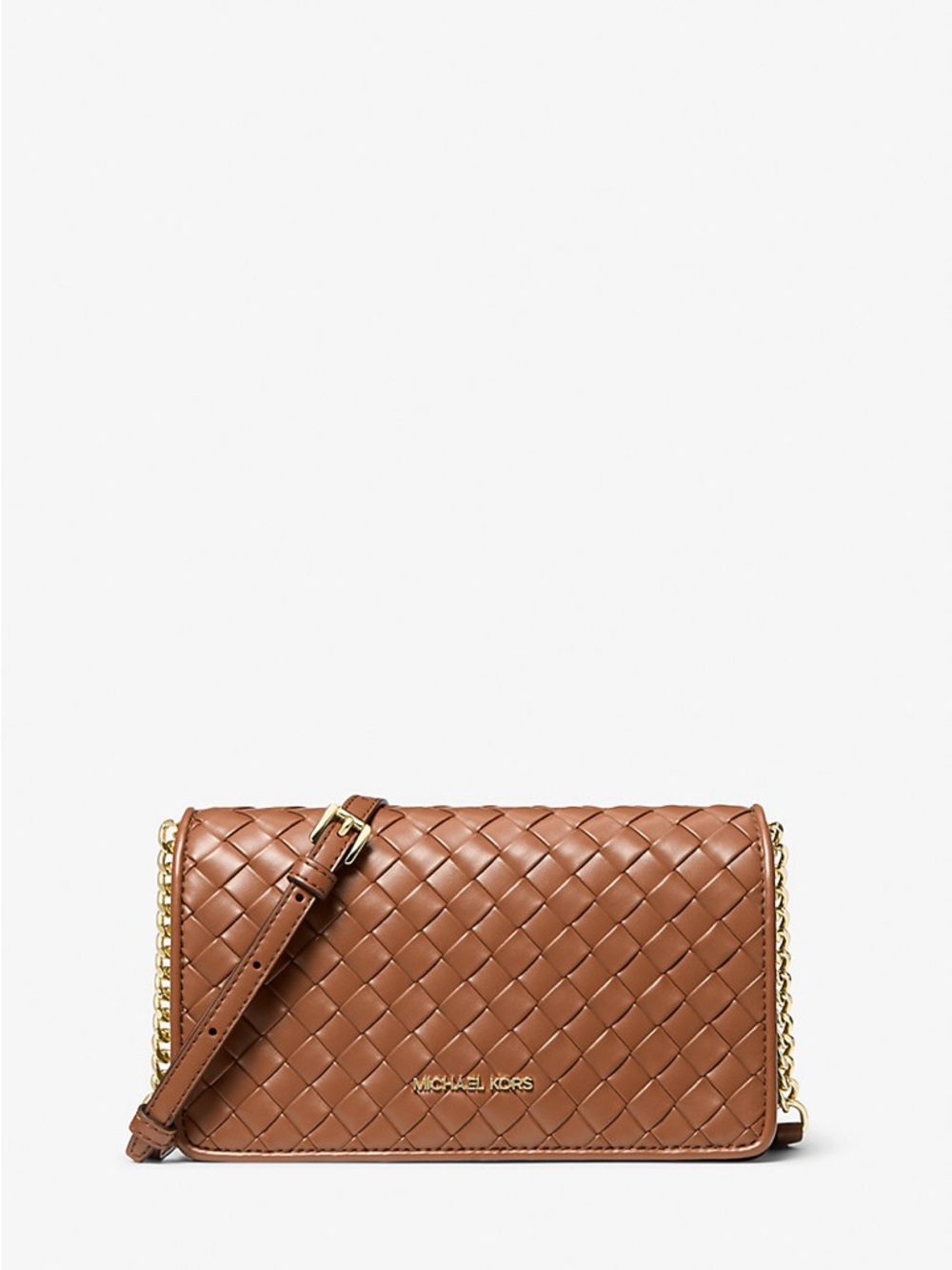 Michael Kors Cognac Woven Leather Crossbody with Gold Chain
